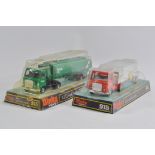 Dinky No. 945 AEC Fuel Tanker and No. 915 AEC with Flat Trailer. Both Near Mint in Good to Very Good