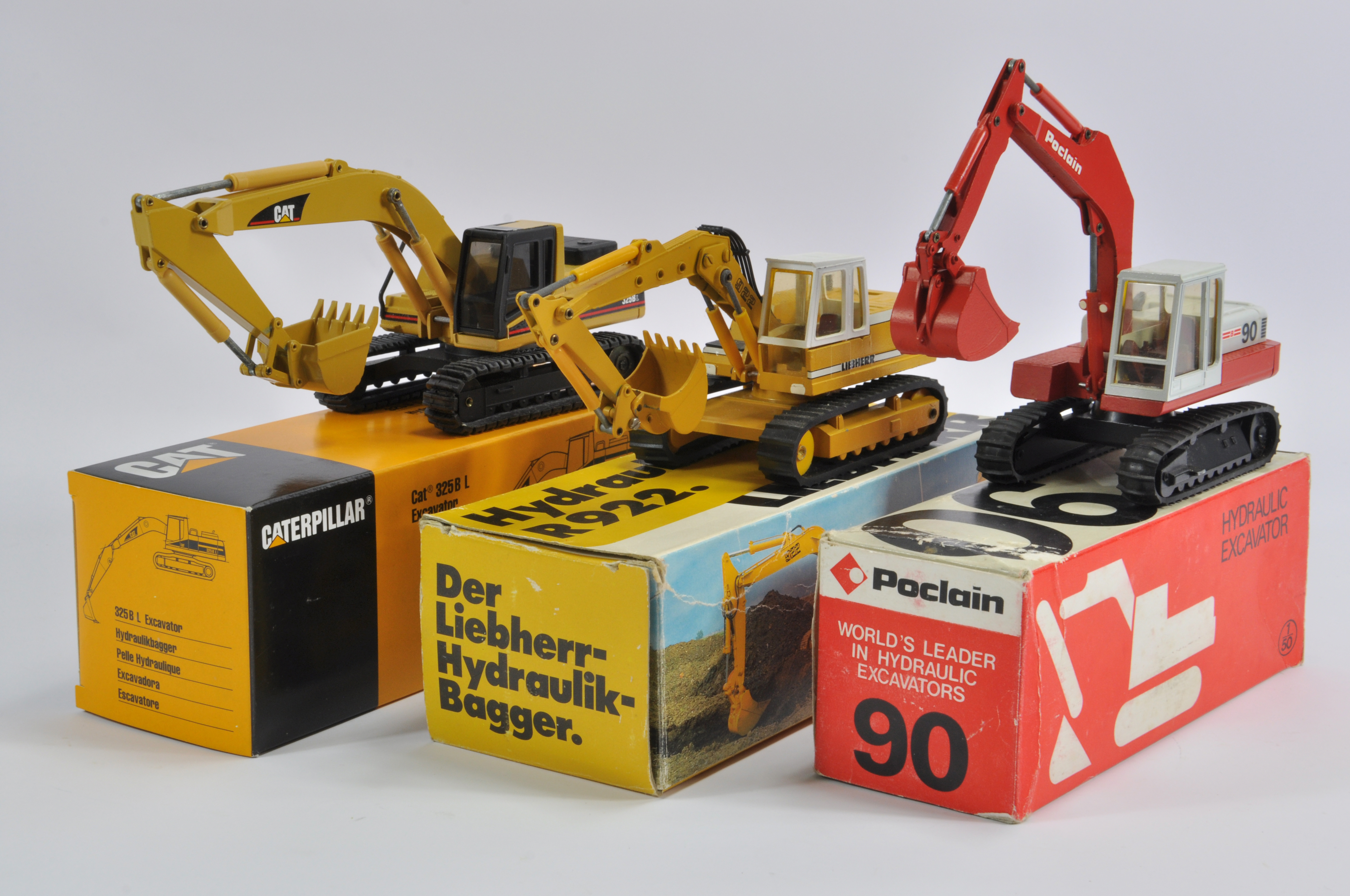 NZG 1/50 CAT 325B L Excvator, Conrad 1/50 Liebherr 922 Excavator and Poclain 90. All Generally NM to