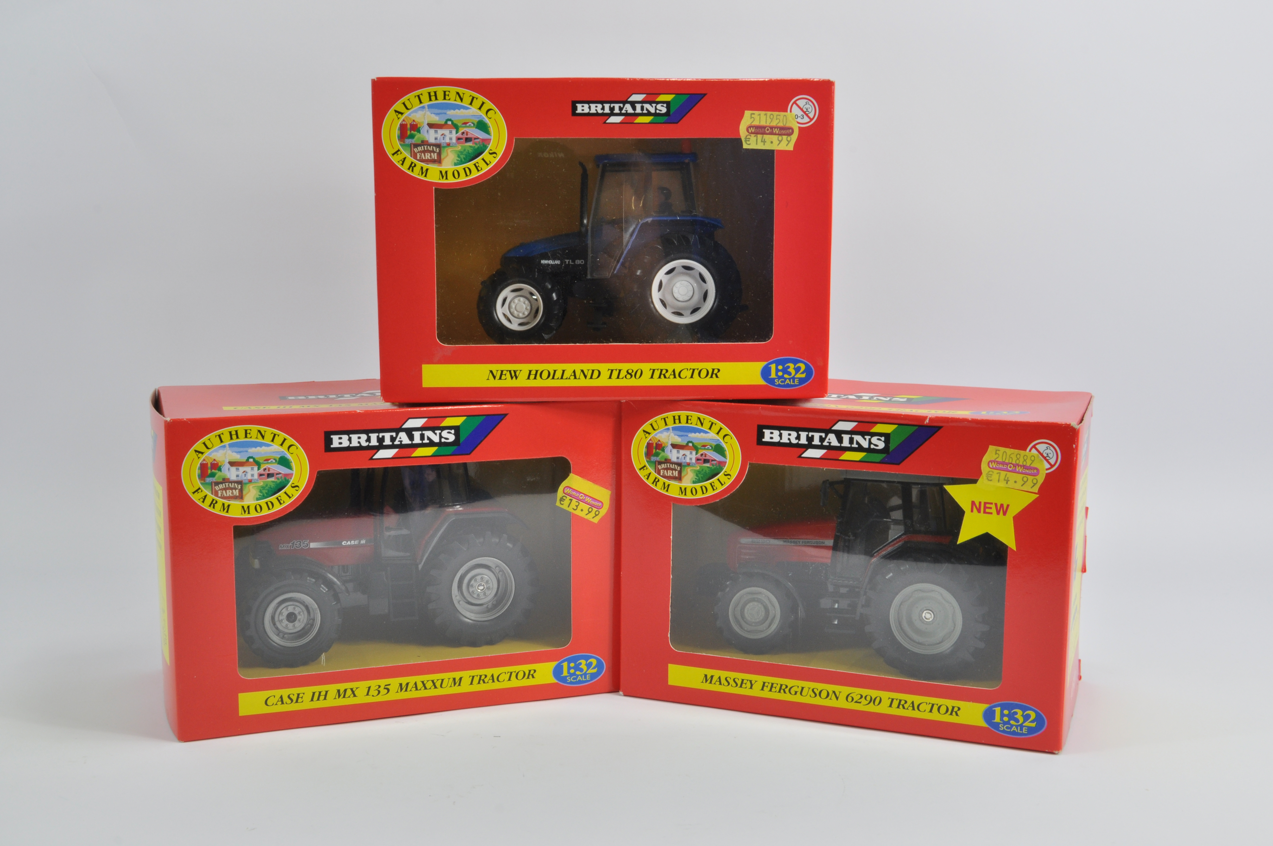 Britains 1/32 Tractor Trio including Case MX135, New Holland TL80 and MF6290. All M in E Boxes. (3)