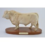 Royal Doulton Beswick Model No. A2463A Charlois Bull on wooden plinth. Satin Matt Finish. 7.5". (