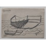 KEITH VAUGHAN [1912-77]. Fishing Boat and Nets. Pencil drawing. Annotated by artist and initialled