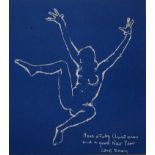 EUAN UGLOW [1932-2000]. The Leaping Lady, 1999. Print on blue card. Signed Euan. 16 x 15 cm.