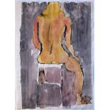 JOHN EMANUEL [b.1930]. Seated Nude [back view]. Watercolour and ink. Signed. 35 x 25 cm.