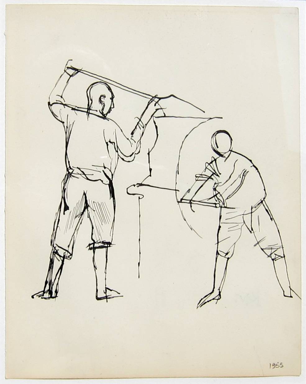 KEITH VAUGHAN [1912-77]. Two Engine Stokers, 1955. Ink. Studio stamp initials on reverse of drawing.
