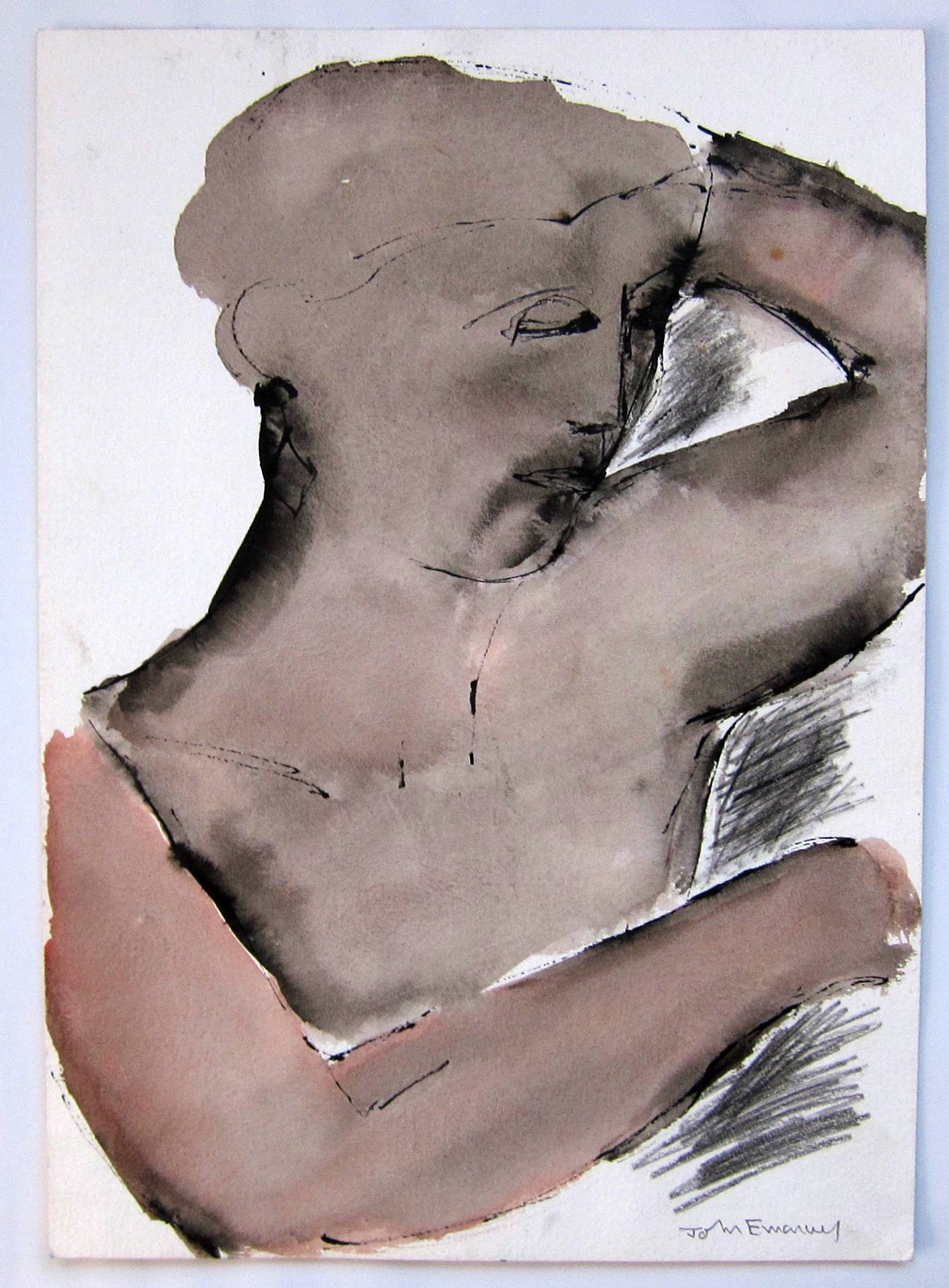 JOHN EMANUEL [b.1930]. Figure with Hand on Head. Watercolour and ink. Signed. 35 x 25 cm.