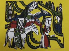 AFTER SADAO WATANABE "Three figures with donkeys on yellow background with black, red, white,