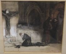 JOHN ANSTER FITZGERALD (1832-1906) "Church interior with grieving figure", watercolour,