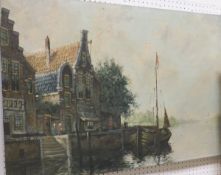 MULDER "Dutch river landscape with barge in foreground", oil on canvas,