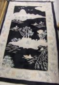 A Chinese Superwash rug, the central panel depicting a lake scene within floral decorated borders,