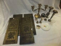 A box of assorted plated wares to include beakers, candelabra, etc,