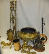 A box of assorted metal wares to include fire tools, Bonzo decorated trivet, copper tankard,
