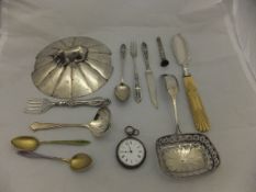 A bag containing assorted silver and plated items to include a pair of Georgian bright cut sugar