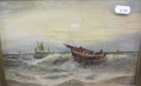 J C DUFF "Rowing boat in choppy seas", oil on canvas, signed lower right,