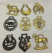 A box containing assorted horse brasses