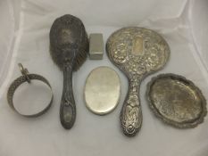 A box containing assorted silver and plated wares to include dressing table hand mirror,