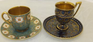 An early 20th Century Royal Worcester teacup and saucer, the mottled green ground set with enamelled