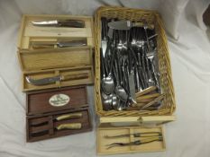 A box of modern cutlery to include Daylesford bone handled cheese knives,