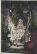 A gilt framed and glazed black and white etching of a cathedral interior scene with figures,