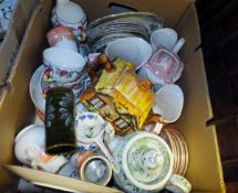 Four boxes of assorted china and glass to include Victorian dinner wares, various tea wares,
