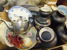 Two boxes of assorted china and glassware to include three pairs of vases to include black ground