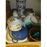 A box of assorted chinaware to include Wedgwood "Carolyn" pattern dinner wares, a Le Creuset pan,