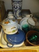 A box of assorted chinaware to include Wedgwood "Carolyn" pattern dinner wares, a Le Creuset pan,