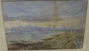IN THE MANNER OF CONRAD MARTENS "Sailing ships in sandy bay", watercolour,