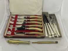A box of assorted cutlery to include pickle forks, fish knives and forks,