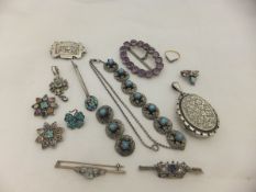 Various Sri Lankan silver back items to incude two aquamarine brooches,