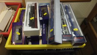 A crate containing various rolling stock including Electrotren Dapol Model Railway, Airfix,