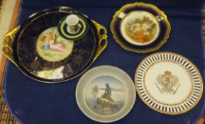 A Vienna porcelain tray decorated in cobalt blue and gilt and depicting a lady and cherub beneath a