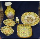 A collection of Oriental china wares polychrome decorated on a yellow ground, to include large vase,