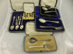 A box of assorted silver and plated wares to include various cased silver cutlery,