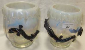 A pair of art glass vases in clear and vaseline opalescent glass with applied salamander decoration
