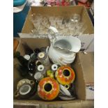 A box of assorted glassware to include a Stuart vase, cut glass dressing table bottle, various