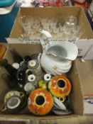 A box of assorted glassware to include a Stuart vase, cut glass dressing table bottle, various