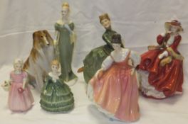 Six Royal Doulton figures - "Fair Lady", model HN2835, "Top of the Hill", model HN 1834 and "Grace",