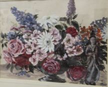 K FISHER "Flowers in a vase with Chinese figurine", a still life study, oil on fabric laid on board,