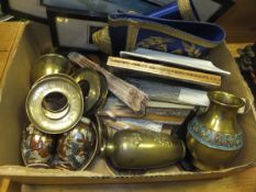 A box of Oriental items including Chinese cloisonne decorated vases, Japanese bronze vase,