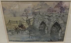 MICHAEL CADMAN "Twin arched stone bridge over river", watercolour,