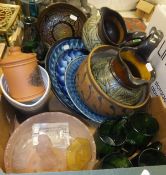 A box containing a collection of studio pottery wares to include Celtic pottery, Cornwall jugs,