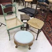 A 19th Century painted cane seated bar back chair and a rush seated chair,