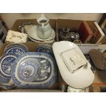 Two boxes of sundry china and glass to include a pair of 19th Century rummers and various blue and