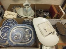 Two boxes of sundry china and glass to include a pair of 19th Century rummers and various blue and