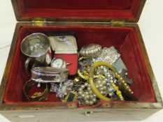 A wooden jewellery box containing assorted costume jewellery, a silver Christening mug,