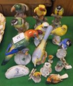 A collection of Dresden porcelain bird figures to include parrots, various garden birds, etc,