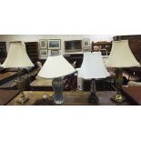 Two brassed urn shaped table lamps and two further glass table lamps