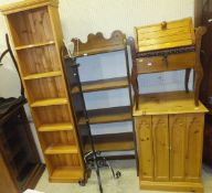 A collection of furniture comprising a modern pine bookcase, an oak four tier bookcase,
