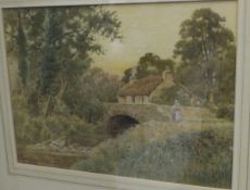 C SAUNDERS "Rural river landscape with woman by bridge, a cottage in background,