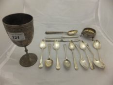 A collection of nine silver teaspoons, a Victorian silver goblet with engraved decoration (London,